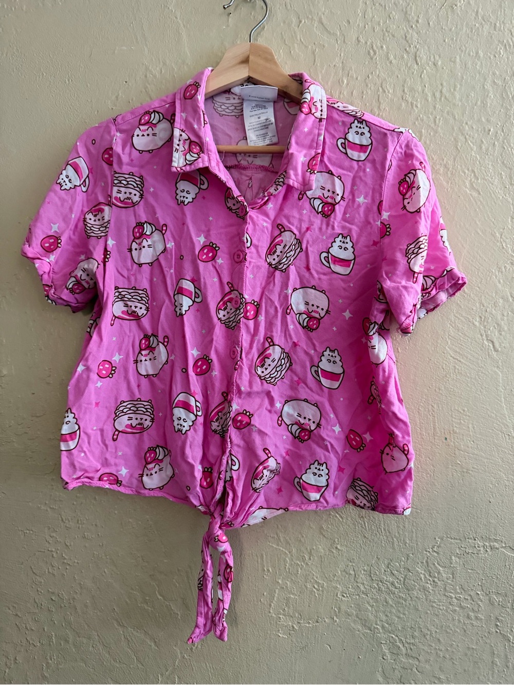 Pusheen Pink Short-Sleeve Tie-Front Button-Down Shirt